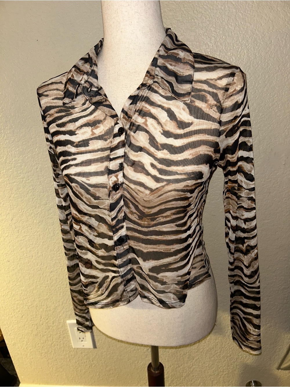 Women's Sheer Mesh Animal Print Button-Front Top - Brown/Black